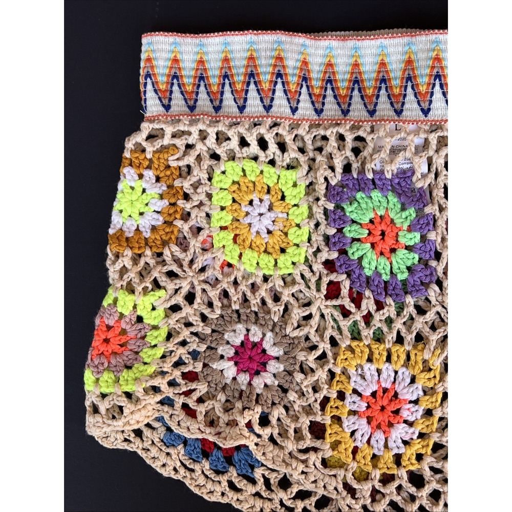 Granny Square Crochet Shorts Womens L Boho Festival Colorful Knit Pull On - Picture 4 of 13